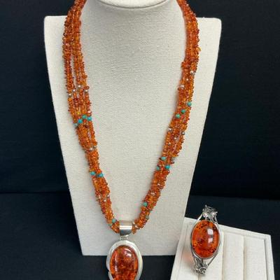 Sterling Silver And Amber Necklace And Cuff Bracelet