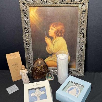 Vintage Italian Pierced Convex Glass, Child Praying Lithograph 15 1/2” x 22”