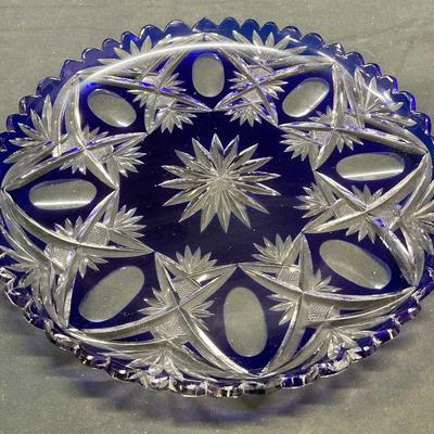122: Cobalt Blue to Clear Cut Glass Round Platter
