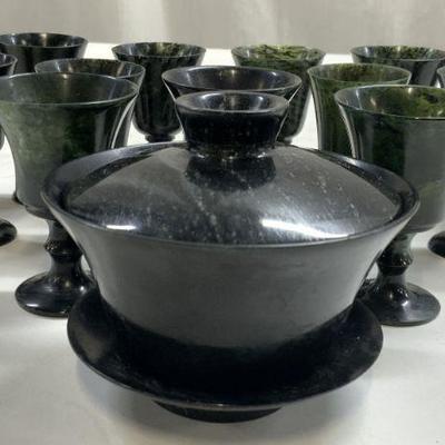 Set 15 Asian Spinach Jade Bowl & Goblets
