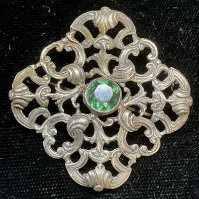 Vtg .830 Silver Reticulated Green Crystal Brooch
