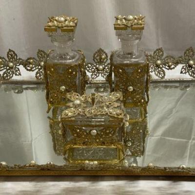 4pc Gilt Metal Pearlescent Bead Vanity Set, Tray +
