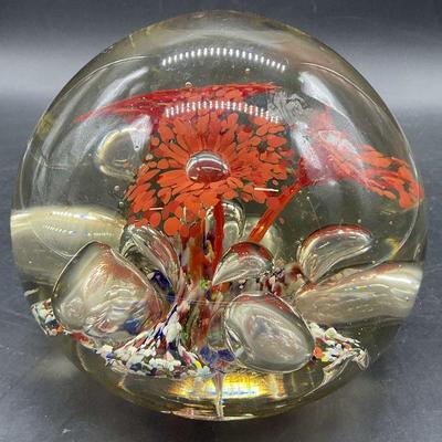 113: XL Handmade Art Glass Floral Motif Paperweight
