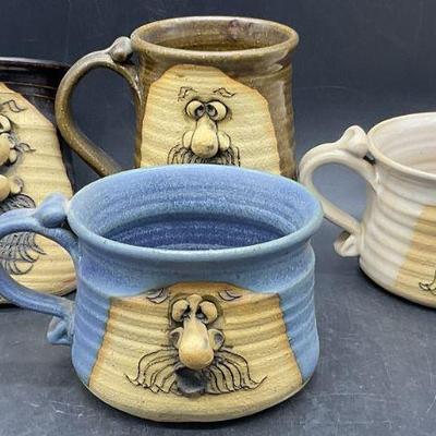 185: 4 Vintage Ugly Funny Face Handmade Pottery Mugs

