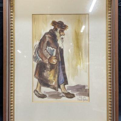 62: Signed David Gilboa Rabbi Watercolor Painting
