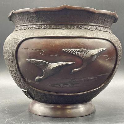 98: Signed Asian Bronze Duck Motif Jardiniere Planter
