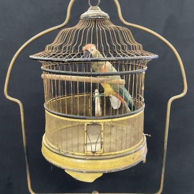 43: Vtg Standing Metal Birdcage W/ Feather Bird Figure
