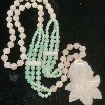 2: Pink & Green Jade Carved Pendant Necklace
