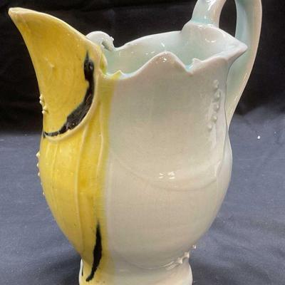 Signed Handmade Blue & Yellow Ceramic Pitcher