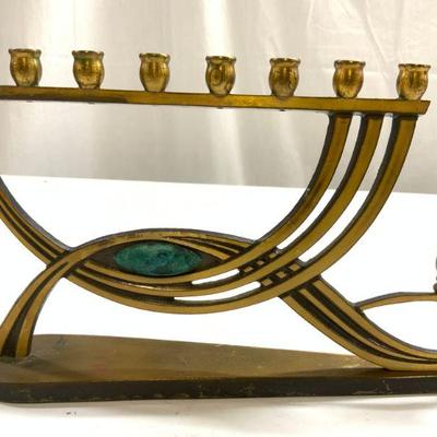 197: DAVAGI ISRAEL 9432 Brass Menorah W Turquoise Stone
