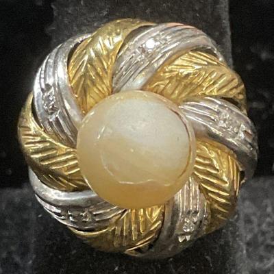 177: Vtg 18k Gold Pearl & Precious Stone Ring, Italy
