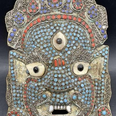 5: Vntg Tibetan Mahakala Three Eye Glass & Brass Mask

