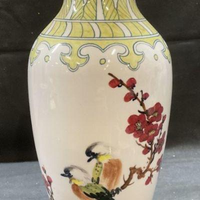 Signed Asian Ceramic White & Green Bird Vase
