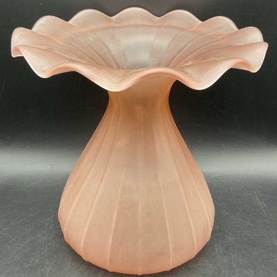 150: Frosted Pink Ruffled Rim Vase, 11 Inch Height
