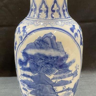 Asian Blue & White Landscape porcelain Vase
