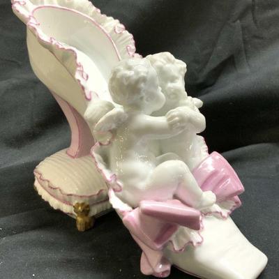 47: MEISSEN Vntg Cherubs On A Shoe Porcelain Figure
