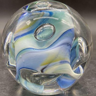 137: AY Signed Swirled Blue Art Glass Paperweight
