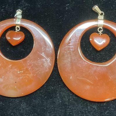 40: Pair Red Agate Round Heart Pendants

