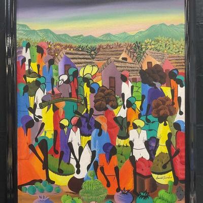 24: Signed David Saintus Haitian Market Oil Painting
