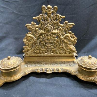 193: Antq GATCO Art Nouv Brass Inkwell W Letter Holder
