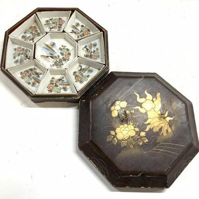 28: Vintage Wood & Porcelain Hors Doeuvres Set
