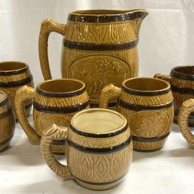 Lot 8 Ceramic Barrel Pitcher & Mug Set JAPAN
