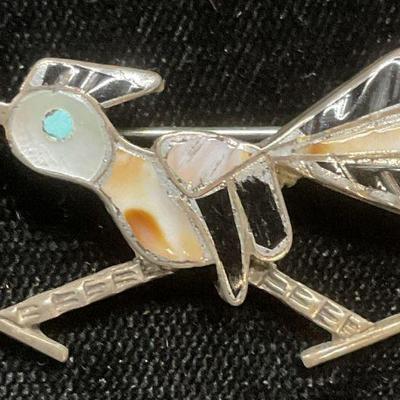 Handmade Sterling Silver Inlaid Stone Bird Brooch
