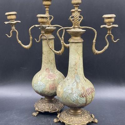 Pair Vintage Hand Painted & Gilt Metal Candelabras
