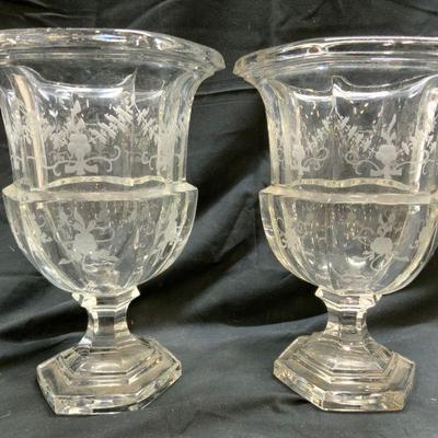 65: TIFFANY & CO Pr Biedermeier Etched Crystal Vases

