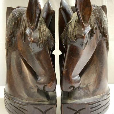 71: 2 Rustic Western Crvd Wood Horsehead Bookends 10in
