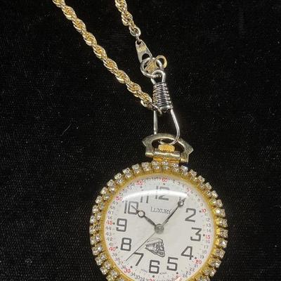 Luxury Gold Pl Crystal Pocket Watch w Fob Chain
