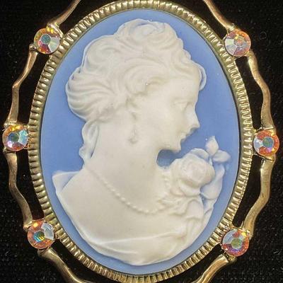 Vintage Gold Tone Crystal Blue Cameo Brooch
