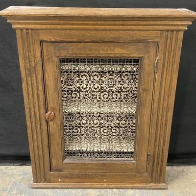 69: Vintage Wooden Mesh Door Wall Curio Shelf
