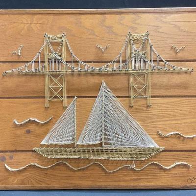 140: Sgn Stark Sailboat & Bridge String Folk Art Panel
