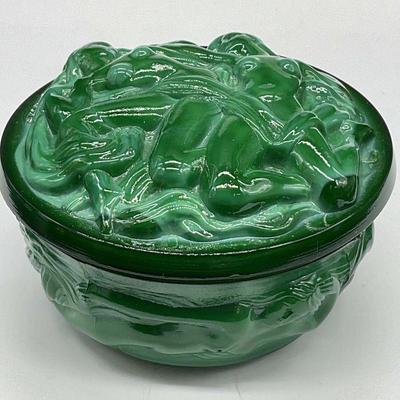 139: Vntg Art Nouveau Malachite Art Glass Trinket Box
