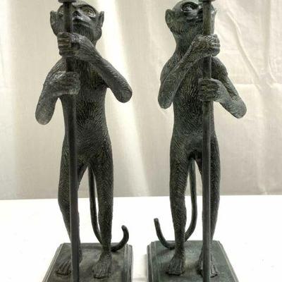 66: MAITLAND SMITH Pr Brnz Monkey Torch Candlesticks
