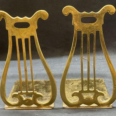 Pair Vintage Brass Lyre Bookends, England
