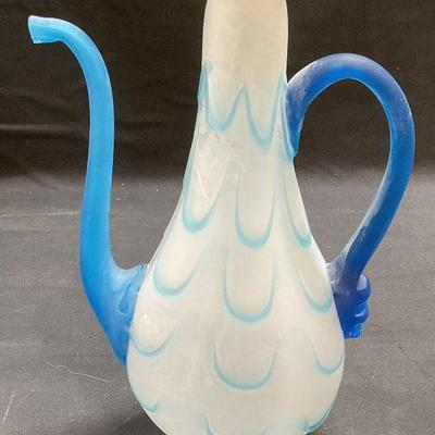 149: Frosted Blue & White Art Glass Pitcher

