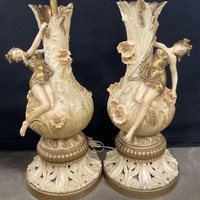 10: 2 Auguste Moreau Female Figural Metal Table Lamps
