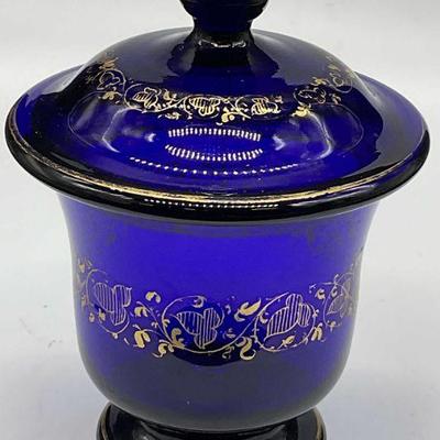 124: Vintage Cobalt Blue & Gilt Art Glass Lidded Vessel
