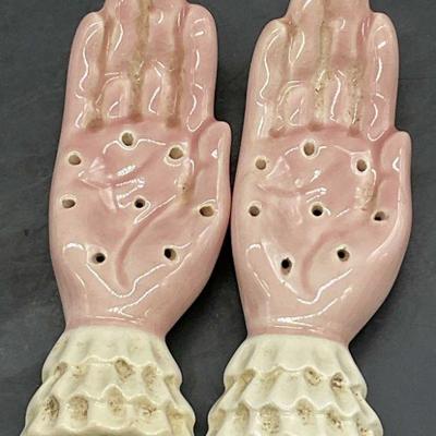 3: Pair Vintage Pierced Ceramic Hand Figurals
