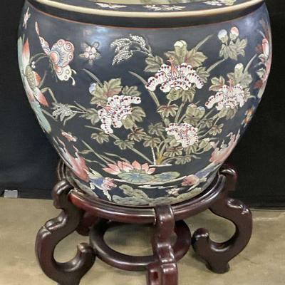 100: Vintage Asian Porcelain Fishbowl Planter W/ Stand
