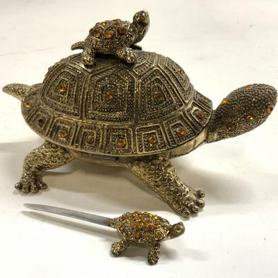 31: BOMBAY CO 2 Pc Brass W Rhinestones Turtle Desk Set
