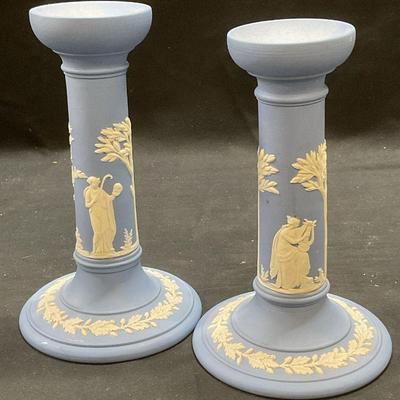 95: Nr Pair Wedgwood Blue Jasperware Candlesticks
