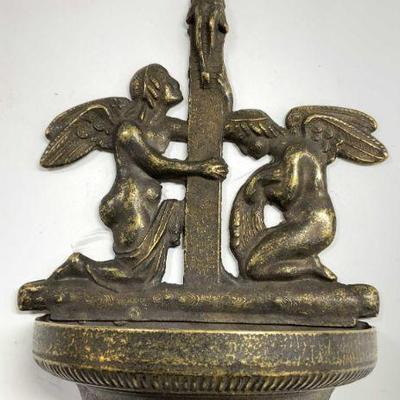 60: Antique Brass Crucifix Holy Water Wall Font

