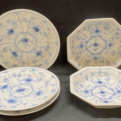 105: Set 5 Signed Blue Fluted Lace Porcelain Bowls

