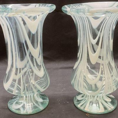 92: Pair Hand Blown Teal & White Art Glass Vases
