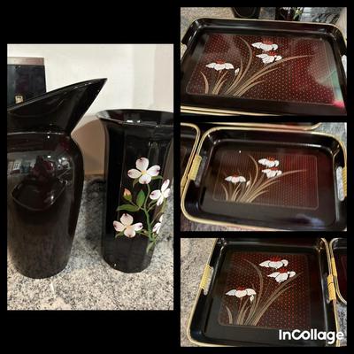 Three Black  Asian Style Decorative Trays, Two Vases