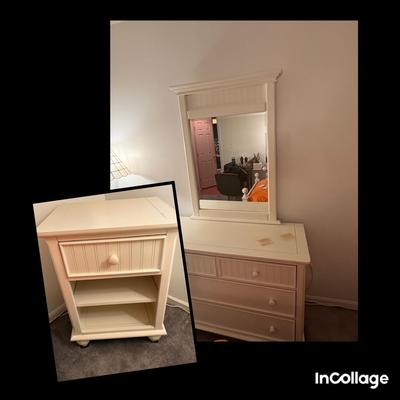 White Dresser W/Mirror, Matching Night Stand