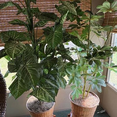 Four Wooden Plant Stands & Two Artificial Trees